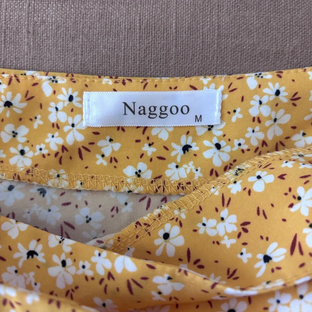 Naggoo Skirt Faux Wrap Mini Medium Polyester Mustard Yellow Floral Cottagecore
